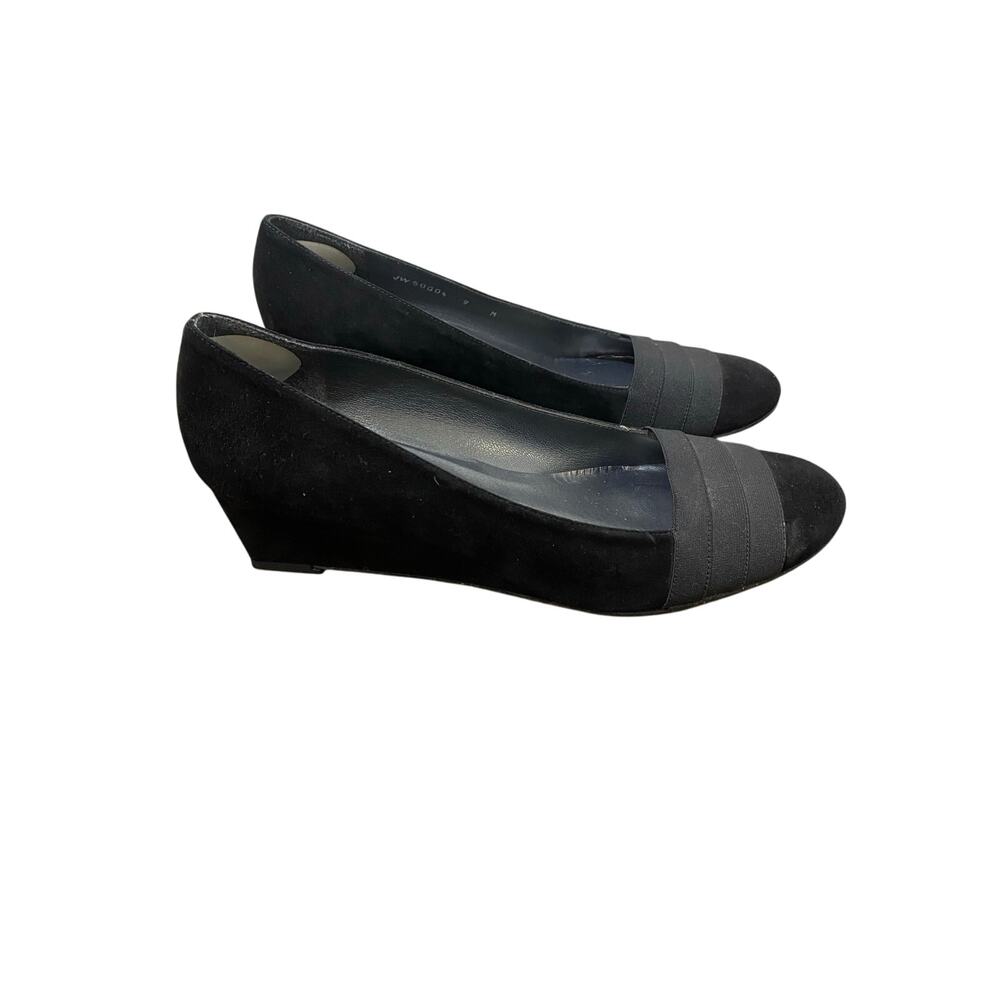 Stuart Weitzman Black Suede Wedge Pumps with Gray Toe Band